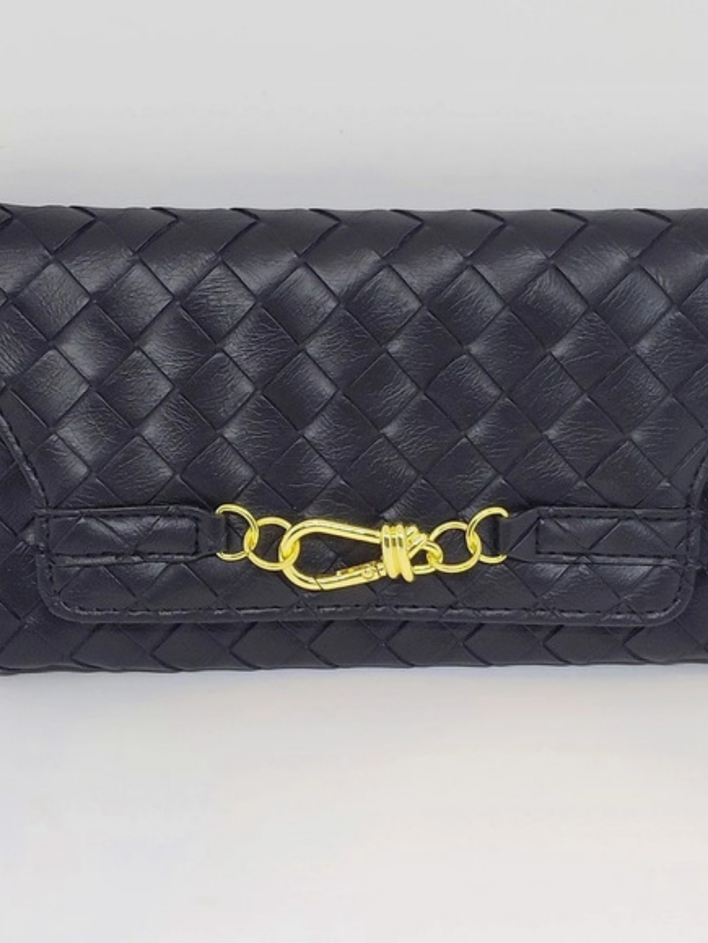 Time And True Women’s Black Scarlet Woven Envelope Wallet Clutch Gold Hardware